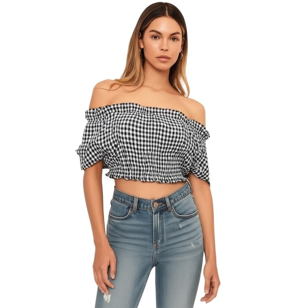American Eagle Outfitters Top Womens Size Small Blue‎ White Gingham Crop Shirred